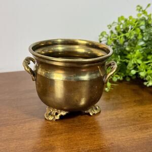 Vintage Brass 3 Footed Planter Pot Small with Handles Made In India 3"